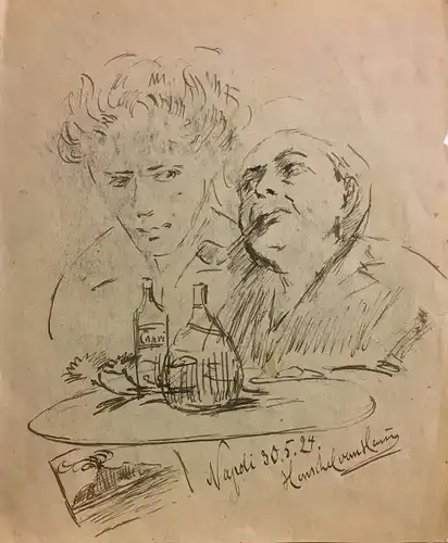 Henschel von Hain, Walter (1883 Lübeck -  1945 Berlin),, Zwei Figurenstudien auf einem Blatt (Selbstbildnisse). Tuschfeder- und Bleistiftzeichnung