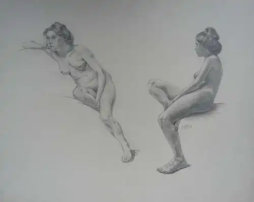 Monogrammist O G,, Zwei weibliche Akte sitzend. Bleistift