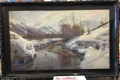 Mønsted, Peder Mork (1859 Grenaa - 1941 Fredensborg),, Vorfrühling im Engadin (Ponte Campovasto, heute La Punt-Chamues). Chromolithograhie bei "VWC"