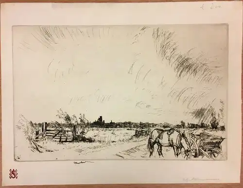Muirhead Bone, Sir David (1876 Glasgow - 1953 Oxford),, Landschaft mit Pferd und Wagen, im Hintergrund eine Stadt (Niederlande). Mit der gestochenen Signatur unterhalb der Darstellung