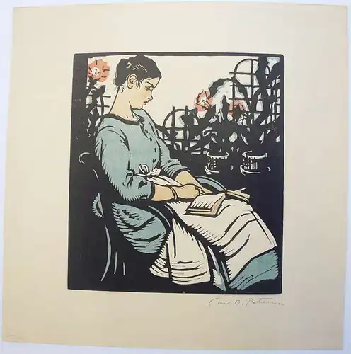 Petersen, Carl Olof (1880 Malmö - 1939 Ulricehamn),, Lesende Frau auf einem Balkon sitzend. Farbholzschnitt