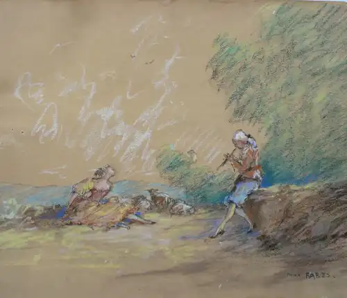 Rabes, Max Fried. Ferd. (1868 Samter/Posen -  1944 Wien),, Landschaft mit Schäferin und Flöte spielendem Jüngling. Pastell und schwarze Kreide