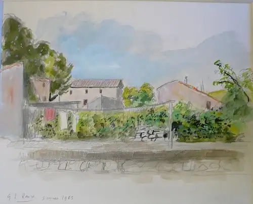 Roux, Gaston-Lous (1904 Provins - 1988),, Studie einer kleinen Ortschaft in der Provence. Aquarell mit Tusche und Buntstift über Bleistift