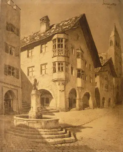 Sacchetto, Attilio (1871 - 1945),, Stadtvedute mit Laubenhaus. Schwarze Kreide