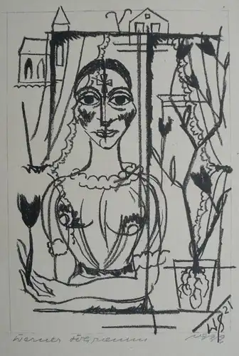 Schramm, Werner (1898 Duisburg - 1970 Düsseldorf),, Frau am Fenster. Lithographie aus der Mappe "Begegnungen", 1922 erschienen im Verlag der Galerie Alfred Flechtheim