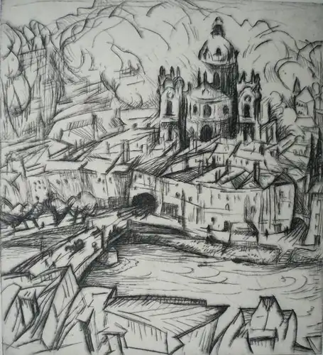 Schülein, Julius Wolfgang (1881 - München - 1970 New York),, Stadtsilhouette, wohl Salzburg, mit Brücke und Dom. Radierung