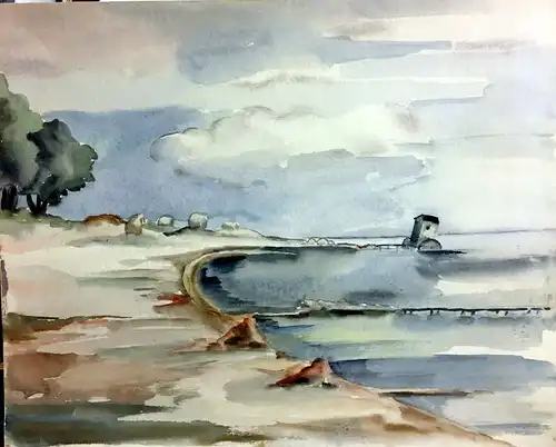 Winkel, Eva (Künstlerin 1920er Jahre),, Ostsee-Strand mit Badekarren. Aquarell über Spuren von Kreide