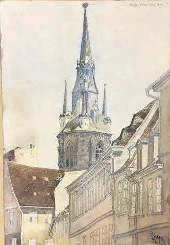Zeichner 20. Jahrhundert,, Roter Turm Halle an der Saale. Bleistift und Aquarell