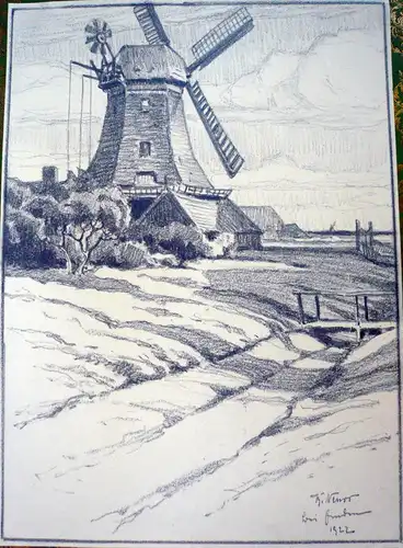 Zeichner der 1920er Jahre,, Windmühle bei Emden "De Vrouw Johanna". Bleisiftzeichnung
