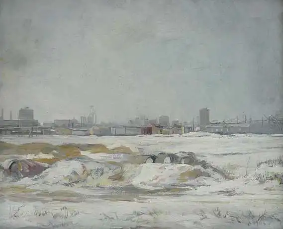 Kornhas, Werner (1910 Karlsruhe 1992),, Winterliche Industrielandschaft. Öl und Bleistift auf Malpappe 0