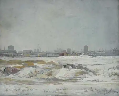 Kornhas, Werner (1910 Karlsruhe 1992),, Winterliche Industrielandschaft. Öl und Bleistift auf Malpappe
