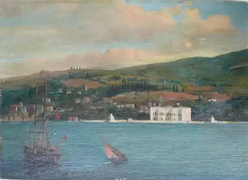 Künstler Anfang 20. Jahrhundert,, Blick über den Bosporus auf den Beylerbeyi-Palast (Istanbul) Öl auf Leinwand, auf Hartfaser aufgezogen