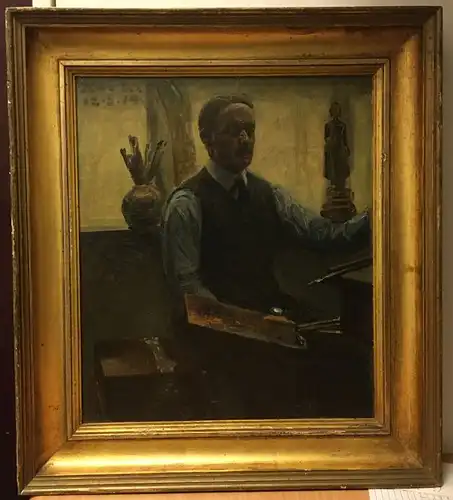 Lange, Kai (1870 -1936),, Der Maler im Atelier (Selbstporträt). Öl auf Leinwand auf Malpappe aufgelegt