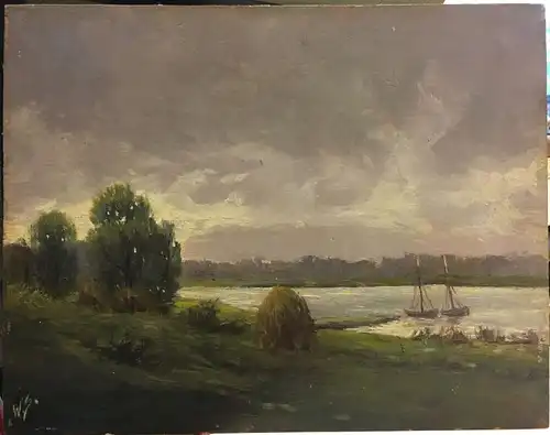 Scheulen, Wilhelm (Düsseldorfer Maler 1. Hälfte 20. Jh.),, Abenddämmerung (Benrath bei Düsseldorf). Öl auf Holz