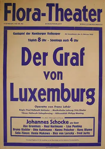 Der Graf von Luxemburg. Original-Plakat zum Gastspiel der Hamburger Volksoper im Flora-Theater Hamburg ab 2. Februar 1952