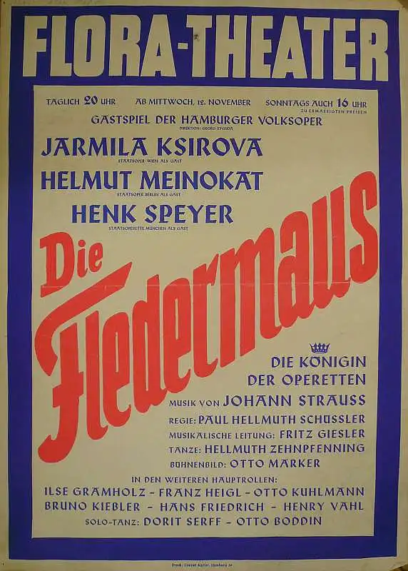Die Fledermaus. Original-Plakat zum Gastspiel der Hamburger Volksoper im Flora-Theater Hamburg ab 12. November 0