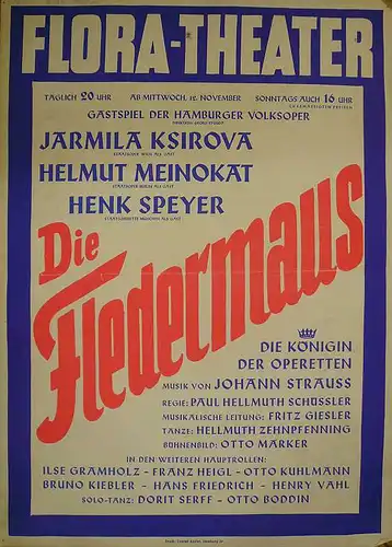 Die Fledermaus. Original-Plakat zum Gastspiel der Hamburger Volksoper im Flora-Theater Hamburg ab 12. November