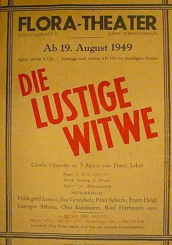 Die lustige Witwe.Original-Plakat zur Veranstaltung im Flora-Theater Hamburg ab 19. August 1949