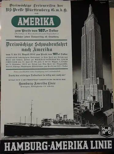 Etbauer, Theodor Paul (1892 Stuttgart - 1975 Brugg-Rothentö,, Original Werbeplakat der HAPAG: Hamburg-Amerika Linie. Dreiwöchige Schwabenfahrt