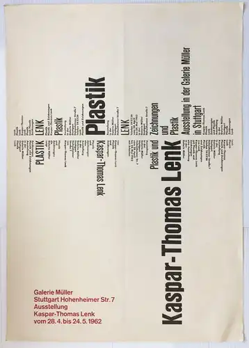Kaspar-Thomas Lenk (1933 Berlin - 2014 Schwäbisch Hall),, Ausstellungsplakat: Kaspar-Thomas Lenk, Plastik und Zeichnungen. Lithographie in Schwarz und Rot