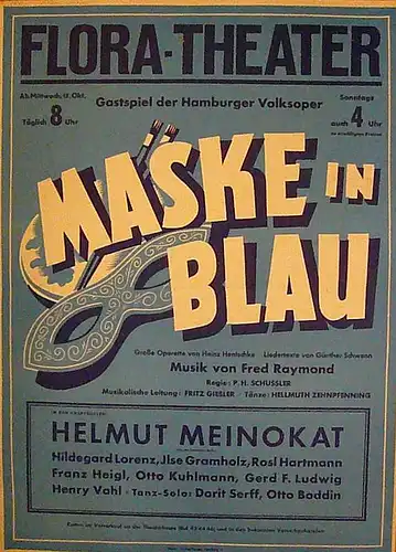Maske in Blau. Illustriertes Original-Plakat zum Gastspiel der Hamburger Volksoper im Flora-Theater Hamburg ab 15. Oktober