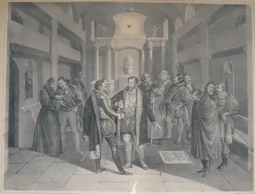 Kaiser Carl V. an dem Grabe Luthers zu Wittenberg 1547. Lithographie von Beck, Berlin. 