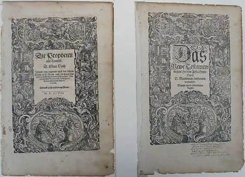 Deutscher Künstler Ende 16. Jahrhundert: 2 Titelblätter: "Die Propheten alle Teutsch[...]", "Das Newe Testament unsers Herrn Jesu Christ [...]" mit identischer Kartusche. Holzschnitte. 