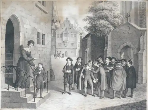 Luther als Currende Schüler zu Eisenach 1498. Lithographie von Beck, Berlin. 