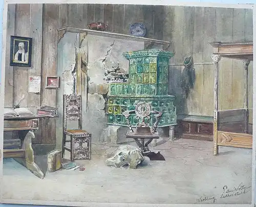 Woltze, Peter (1860 Halberstadt - 1925 Weimar): Die Lutherstube auf der Wartburg. Aquarell. 