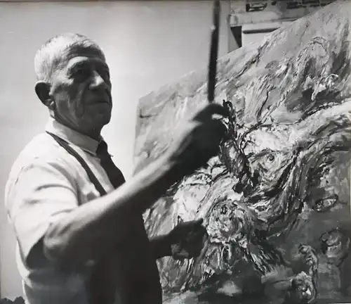 Sello, Ingeborg (1916 Oldenburg - 1982 Hamburg),, Oskar Kokoschka an der Staffelei. Fotografie auf Agfa-Brovira