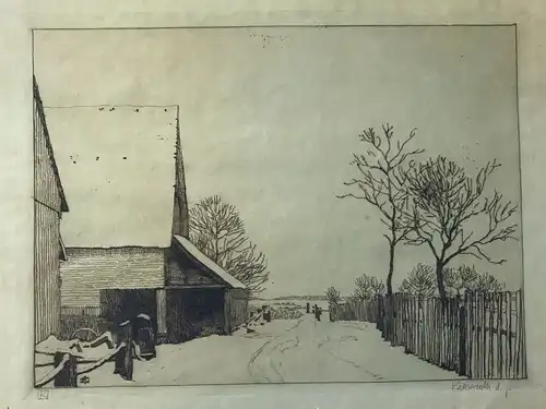 Kalckreuth, Leopold Graf von (1855 Düsseldorf -  1928 Gut Eddelsen/Seevetal),, Winterlandschaft. Radierung. Druck in Braun auf grünlichem Bütten. Handsigniert und -monogrammiert. 21,5 x 29,6 cm. (Darstellungsgröße). Radierung