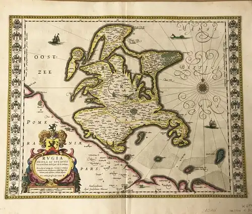 Lubin, Eilhard (1565 Westerstede - 1621 Rostock): Rvgia Insula ac Dvcatvs accuratissimè descripta. Kolorierte Kupferstichkarte bei W. Blaeu, Amsterdam 1639. 