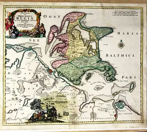 Rügen - J.B. Homann: Insulae et Principatus Rugiae cum vincinis Pomeraniae. Kolorierte Kupferstichkarte bei J.B. Homann. 