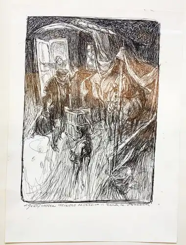 Busch, Wilhelm M.,, Abschied in der Nacht. Schreibstift (Kugelschreiber) auf festem glänzenden Papier