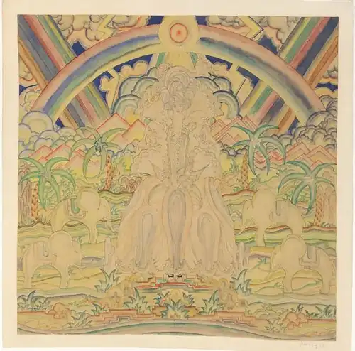 Gröning, Karl (1897 - Hamburg - 1980),, Orientalische Landschaft mit Elefanten und Königin von einem Regenbogen umfangen. Aquarell über Bleistift