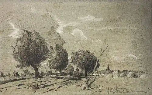 Carl Neumann (1846 -1903),, Landschaft in Ostpreußen mit Dorfsilhouette. Tuschfeder und weiße Kreide