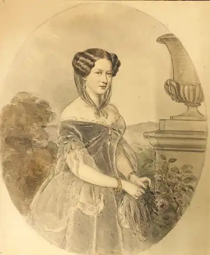 Hähnisch, Anton ( 1817 Wien - 1887 Karlsruhe),, Zugeschrieben - Junge Frau im Park mit Rosenstrauch. Aquarell über Bleistift