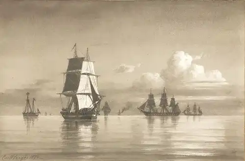 Baagoe, Carl Emil (1829 Kopenhagen - 1902 Snekkersten),, Segelschiffe in ruhiger See. Schwarze Kreide, Bleistift und mit Deckweisss gehöht. Auf grau grundierter leichter Malpappe
