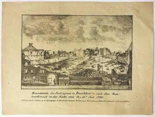 Brandstätte der Judengasse in Frankfurt a/M nach dem Bombardement in der Nacht vom 13, u 14.te Juli 1796. Lithographie