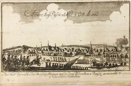 Pasewalk,, Affaire bey Pasewalck d. Oct. Ao 1760. Kupferstich aus Raspe (Ben Joachai)