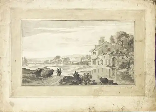 Houten, C. van (tätig in Utrecht um 1700),, Südliche Landschaft. Schwarzer Stift und Tuschpinsel, laviert