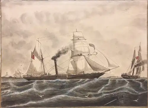 Englischer Zeichner des 19. Jahrhunderts,, Englischer Segeldampfer, wohl vor Gibraltar. Schwarzer Zeichenstift und Aquarell mit Deckweiss gehöht