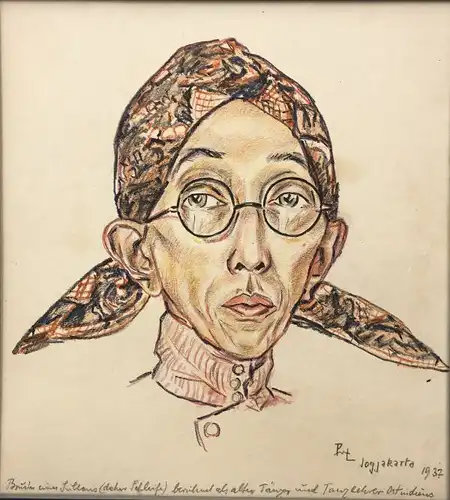 Lampel, Peter Martin (1894 Schönborn - 1965 Hamburg),, Porträt eines ostindischen Tanzlehrers (Bruder eines Sultans). Farbstift auf Zeichenpapier, fest unter Passepartout montiert