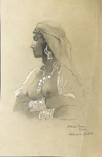 Lüschwitz-Koreffski, Arnold (1869 Berlin - 1924 Bremen),, Arabische Tänzerin Biskra. Schwarze Kreide und Deckweiß auf bräunlichem leichten Karton (Progress)
