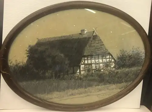 Lüschwitz-Koreffski, Arnold (1869 Berlin - 1924 Bremen),, Fachwerkhaus bei Vollmond. Schwarze Kreide und Deckweiß auf bräunlichem Büttenpapier