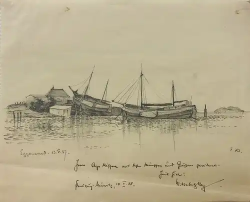 Norddeutscher Künstler - Anfang 20. Jahrhundert,, Boote im Hafen von Ekensund. Bleistiftzeichnung