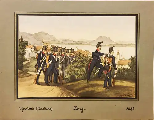 Albert von Escher (1833 Zürich - 1905 Genf),, Zug Militär Infanterie (Füseliere) 1848. Wohl Fotolithographie, aquarelliert