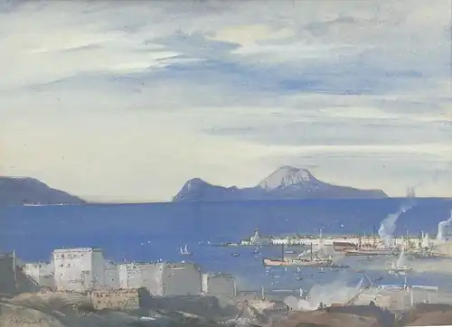Hunt, Cecil Arthur (1873 Torquay - 1965 Burnham),, Blick von Neapel auf Capri. Gouache über Bleistift
