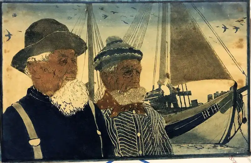 Förster, Hans (1885 - Hamburg - 1966),, Finkenwerder Fischer. Farbiger Holzschnitt 0