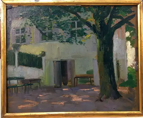 Meissl, August Ritter von (1867 Bazin - 1926 München),, Hofszene im Sommer. Öl auf Malpappe